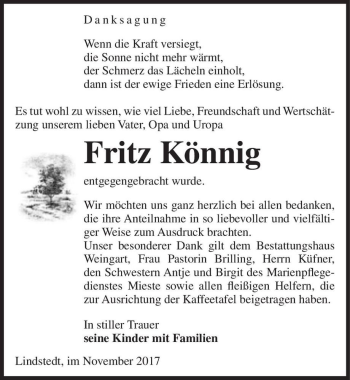 Traueranzeige von Fritz Könnig  von Magdeburger Volksstimme
