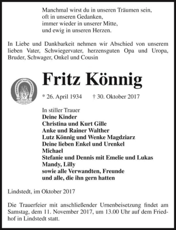 Traueranzeige von Fritz Könnig  von Magdeburger Volksstimme