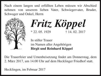 Traueranzeige von Fritz Köppel  von Magdeburger Volksstimme