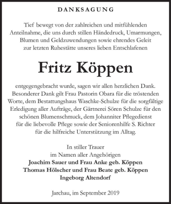 Traueranzeige von Fritz Köppen  von Magdeburger Volksstimme