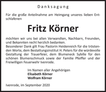 Traueranzeige von Fritz Körner  von Magdeburger Volksstimme