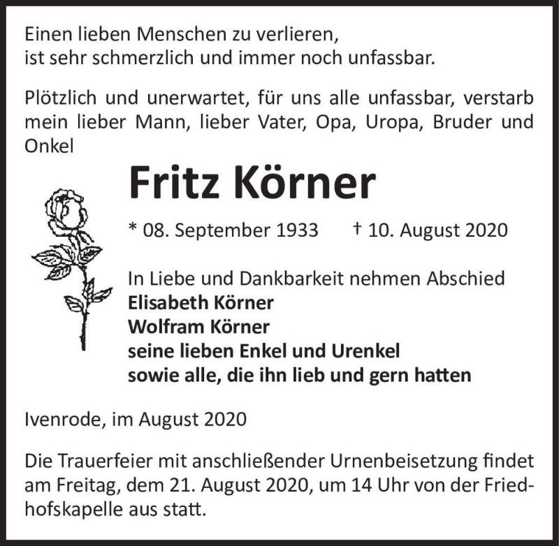  Traueranzeige für Fritz Körner  vom 13.08.2020 aus Magdeburger Volksstimme