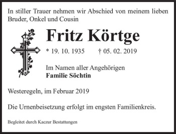 Traueranzeige von Fritz Körtge  von Magdeburger Volksstimme