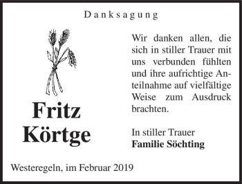 Traueranzeige von Fritz Körtge  von Magdeburger Volksstimme