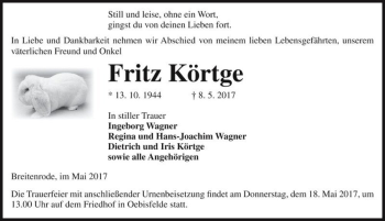 Traueranzeige von Fritz Körtge  von Magdeburger Volksstimme