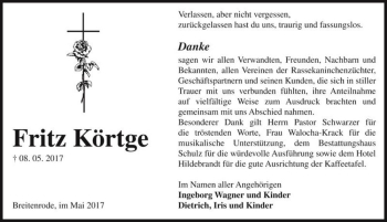 Traueranzeige von Fritz Körtge  von Magdeburger Volksstimme