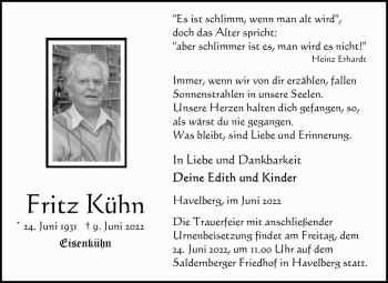 Traueranzeige von Fritz Kühn  von Magdeburger Volksstimme