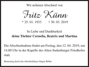 Traueranzeige von Fritz Künn  von Magdeburger Volksstimme