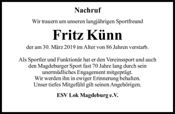 Traueranzeige von Fritz Künn  von Magdeburger Volksstimme