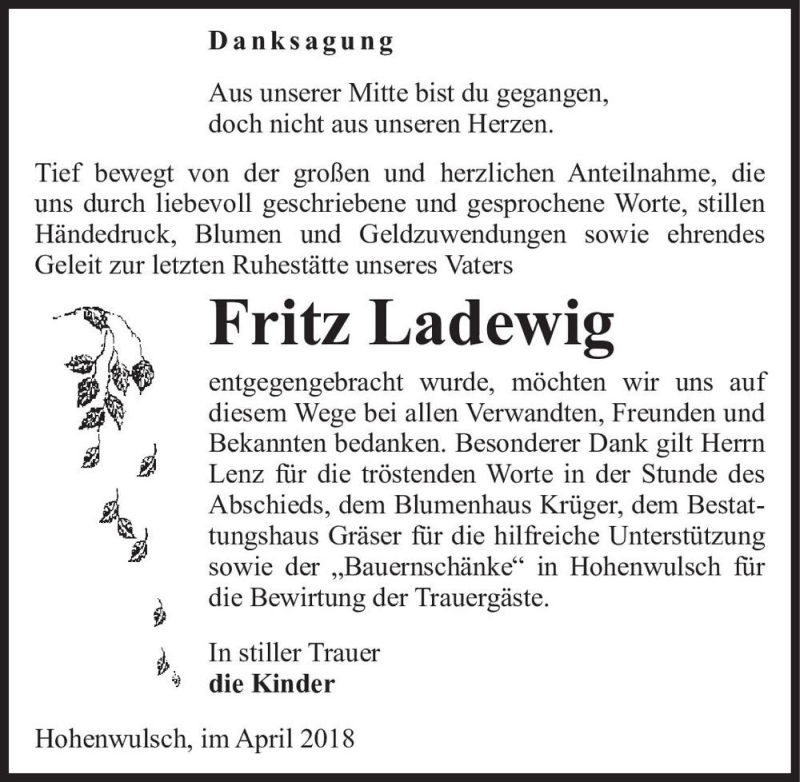  Traueranzeige für Fritz Ladewig  vom 04.04.2018 aus Magdeburger Volksstimme