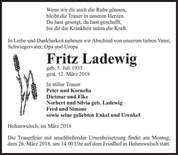 Traueranzeige von Fritz Ladewig  von Magdeburger Volksstimme