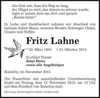 Traueranzeige von Fritz Lahne  von Magdeburger Volksstimme