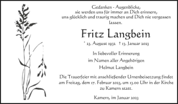 Traueranzeige von Fritz Langbein  von Magdeburger Volksstimme