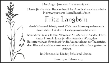 Traueranzeige von Fritz Langbein  von Magdeburger Volksstimme