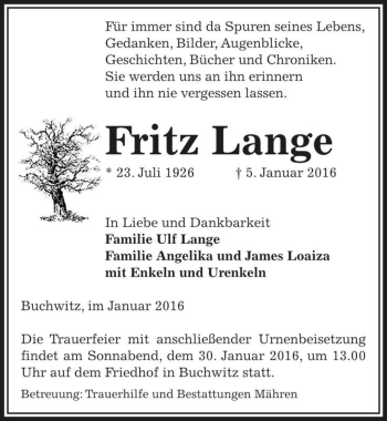 Traueranzeige von Fritz Lange  von Magdeburger Volksstimme
