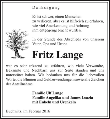 Traueranzeige von Fritz Lange  von Magdeburger Volksstimme