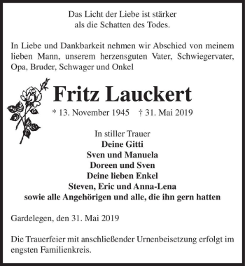 Traueranzeige von Fritz Lauckert  von Magdeburger Volksstimme