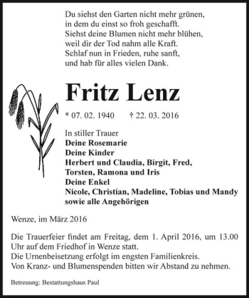 Traueranzeige von Fritz Lenz  von Magdeburger Volksstimme