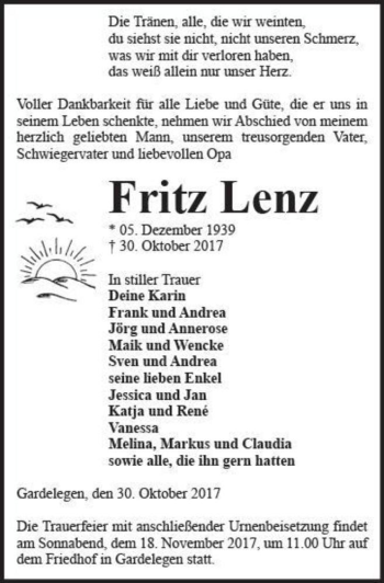 Traueranzeige von Fritz Lenz  von Magdeburger Volksstimme