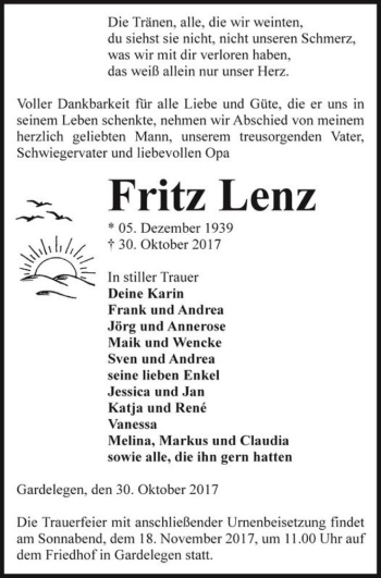 Traueranzeige von Fritz Lenz  von Magdeburger Volksstimme