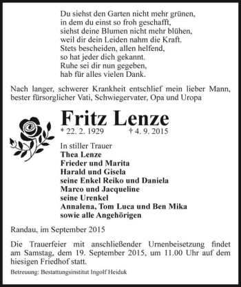 Traueranzeige von Fritz Lenze  von Magdeburger Volksstimme