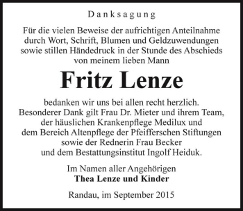 Traueranzeige von Fritz Lenze  von Magdeburger Volksstimme