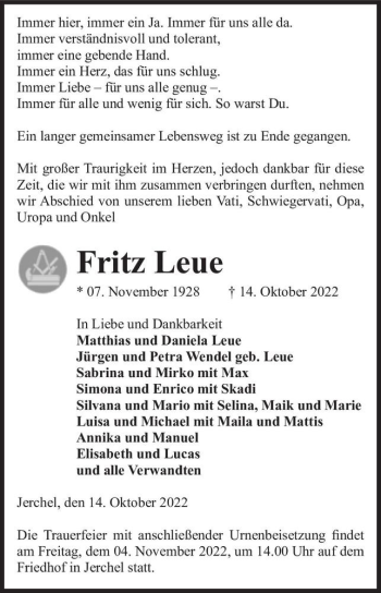 Traueranzeige von Fritz Leue  von Magdeburger Volksstimme