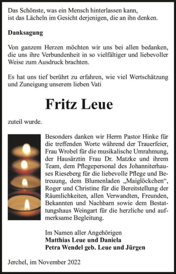 Traueranzeige von Fritz Leue  von Magdeburger Volksstimme