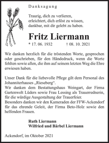 Traueranzeige von Fritz Liermann  von Magdeburger Volksstimme