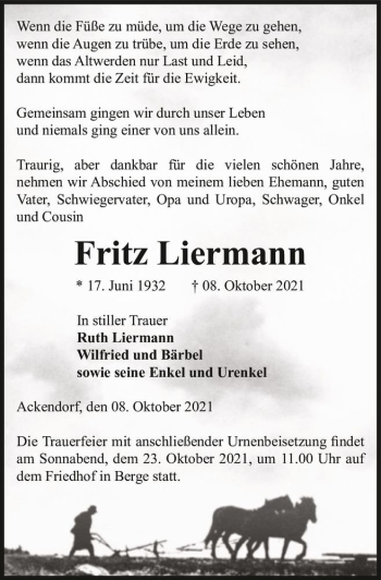 Traueranzeige von Fritz Liermann  von Magdeburger Volksstimme