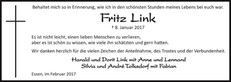 Traueranzeige für Fritz Link  vom 25.02.2017 aus Magdeburger Volksstimme
