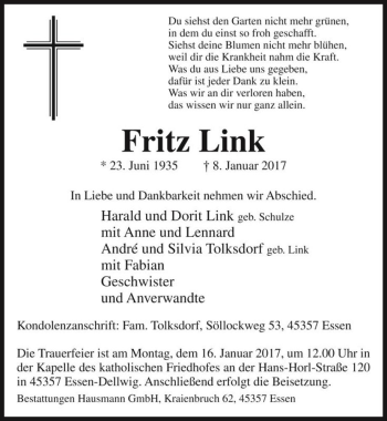 Traueranzeige von Fritz Link  von Magdeburger Volksstimme