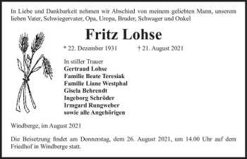 Traueranzeige von Fritz Lohse  von Magdeburger Volksstimme