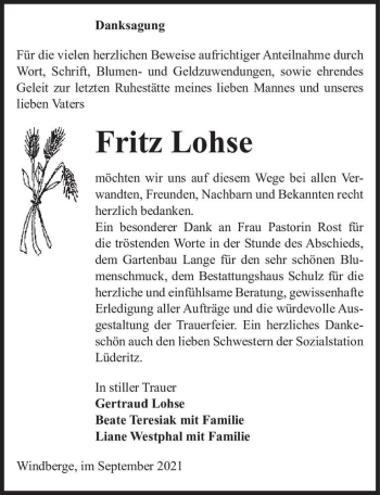 Traueranzeige von Fritz Lohse  von Magdeburger Volksstimme