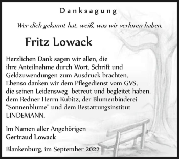 Traueranzeige von Fritz Lowack  von Magdeburger Volksstimme