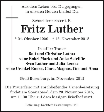 Traueranzeige von Fritz Luther  von Magdeburger Volksstimme
