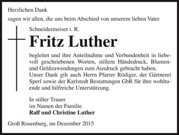 Traueranzeige von Fritz Luther  von Magdeburger Volksstimme