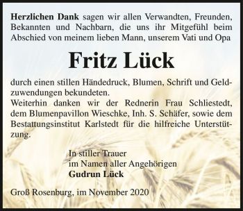 Traueranzeige von Fritz Lück  von Magdeburger Volksstimme