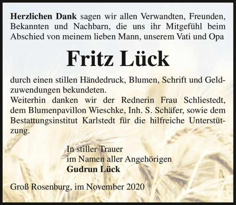  Traueranzeige für Fritz Lück  vom 21.11.2020 aus Magdeburger Volksstimme