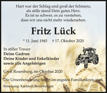 Traueranzeige von Fritz Lück  von Magdeburger Volksstimme