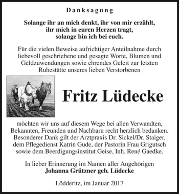 Traueranzeige von Fritz Lüdecke  von Magdeburger Volksstimme