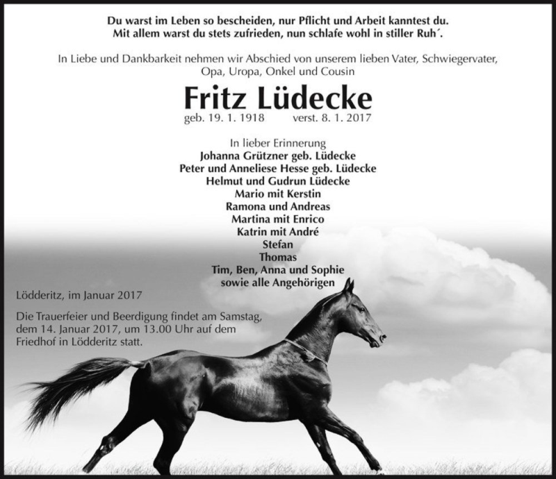  Traueranzeige für Fritz Lüdecke  vom 11.01.2017 aus Magdeburger Volksstimme