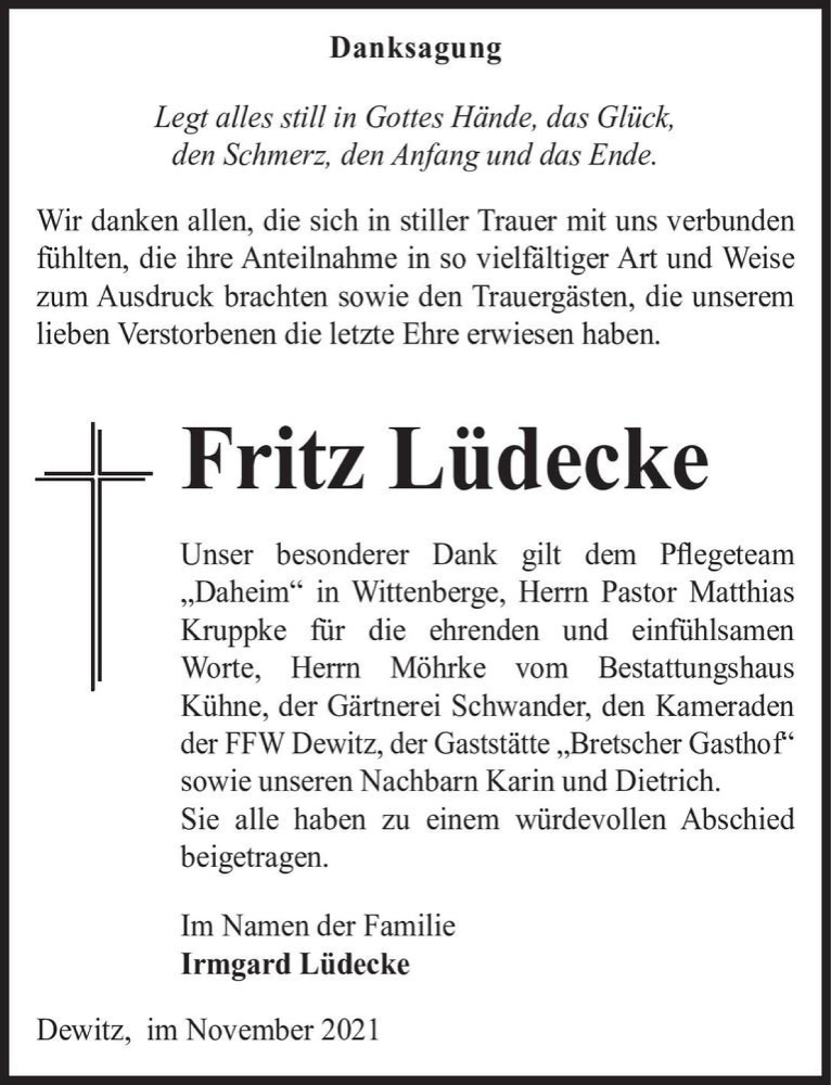  Traueranzeige für Fritz Lüdecke  vom 20.11.2021 aus Magdeburger Volksstimme
