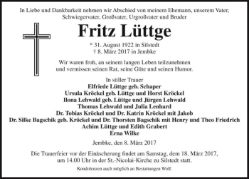 Traueranzeige von Fritz Lüttge  von Magdeburger Volksstimme