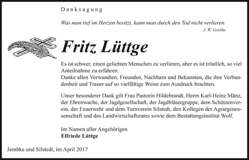  Traueranzeige für Fritz Lüttge  vom 08.04.2017 aus Magdeburger Volksstimme
