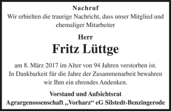 Traueranzeige von Fritz Lüttge  von Magdeburger Volksstimme