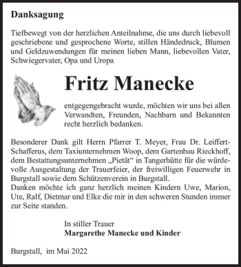 Traueranzeige von Fritz Manecke  von Magdeburger Volksstimme