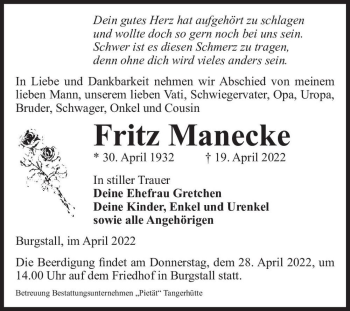 Traueranzeige von Fritz Manecke  von Magdeburger Volksstimme