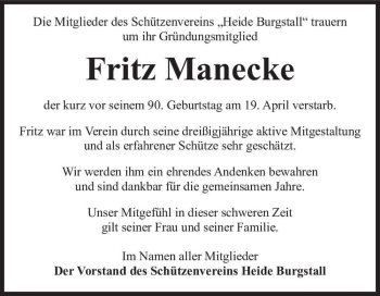 Traueranzeige von Fritz Manecke  von Magdeburger Volksstimme
