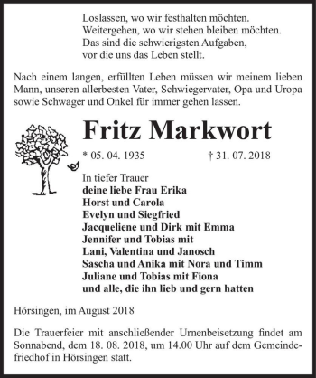 Traueranzeige von Fritz Markwort  von Magdeburger Volksstimme